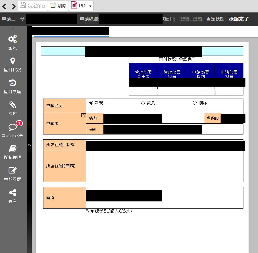申請区分や所属組織を確認できる承認済み申請書の画面